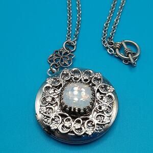 Faux Opal Locket Pendant Necklace, Small Toggle Clasp, 15 Inches